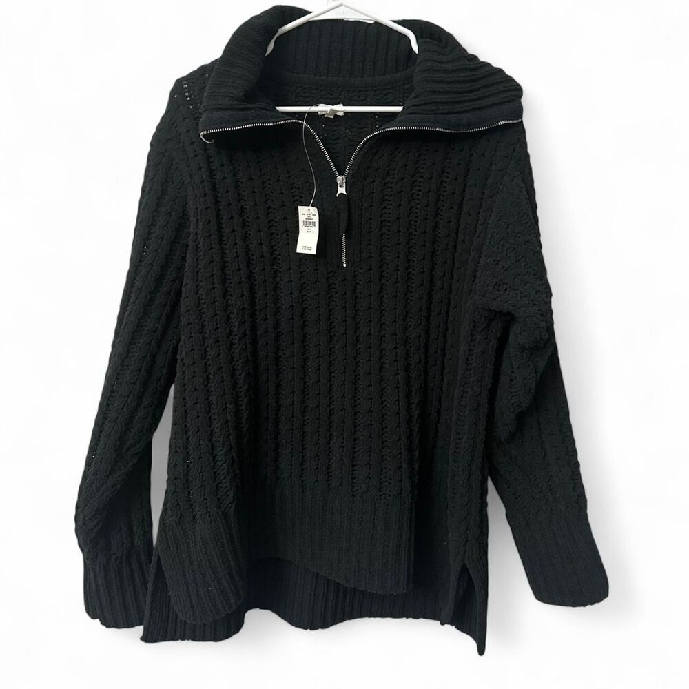 Aerie Cable Knit Quarter Zip Sweater Black NWT Size S